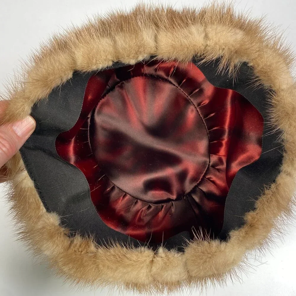 Vintage Brown Mink Fur Hat Satin Lining Winter Union Label Made in USA Mobwife